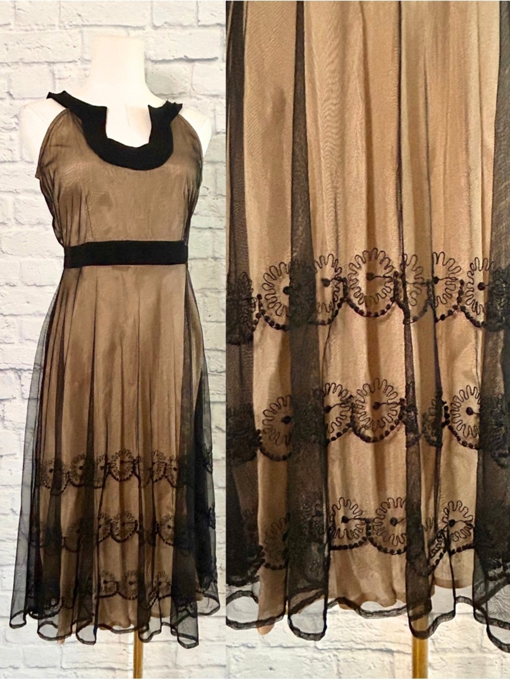 Vintage Y2K Dress 100% Rayon Sheer Overlay Midi Black Gold Party Sleeveless